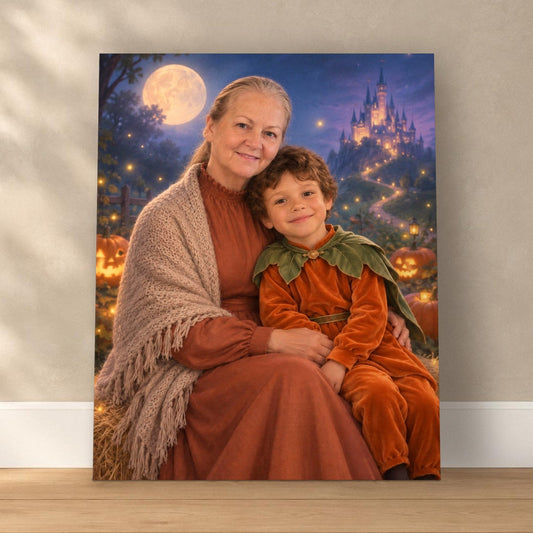 Grandma & Grandson Pumpkin Patch – Custom Halloween Portrait – custom canvas portrait, image 1