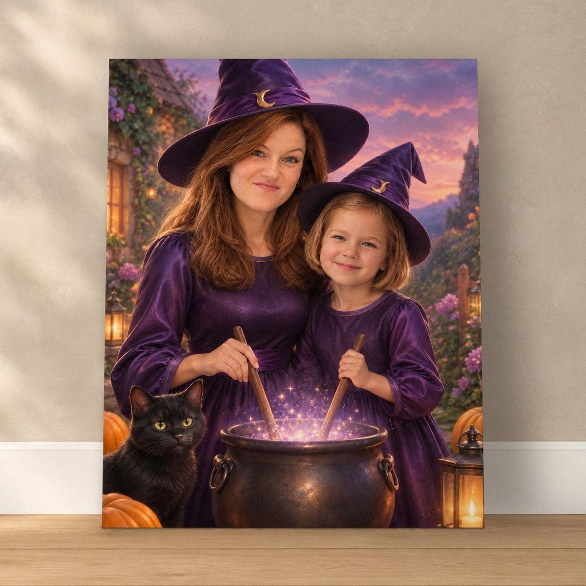 Witch & Little Witch – Mother & Daughter Halloween Portrait – custom canvas portrait, image 1