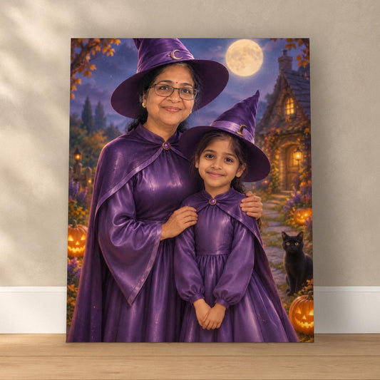 Grandma & Granddaughter Witches – Custom Halloween Portrait – custom canvas portrait, image 1