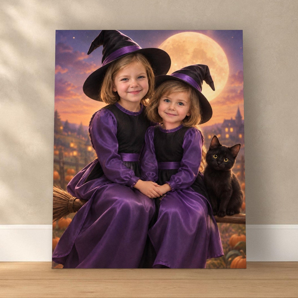 Witch Sisters – Custom Halloween Portrait for Two Girls – custom canvas portrait, image 1