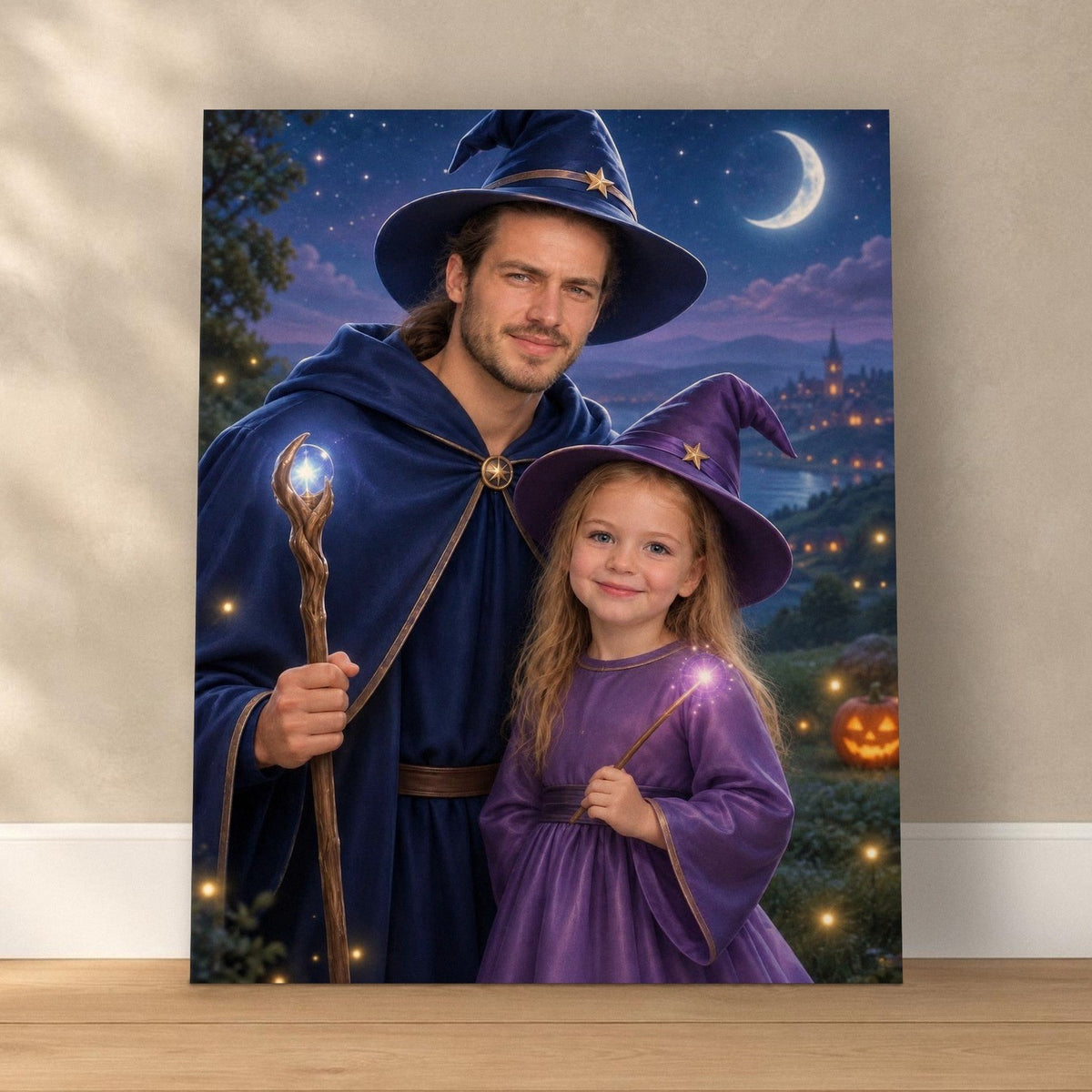 Wizard Dad & Little Witch – Father & Daughter Halloween Portrait – custom canvas portrait, image 1