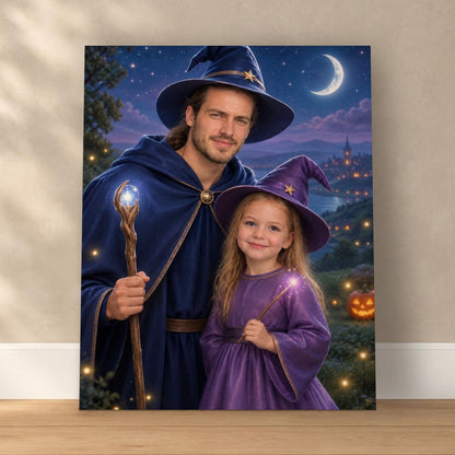 Wizard Dad & Little Witch – Father & Daughter Halloween Portrait – custom canvas portrait, image 1