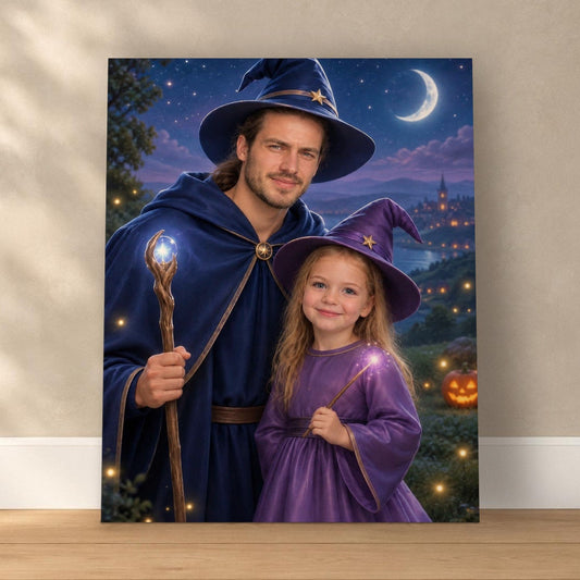 Wizard Dad & Little Witch – Father & Daughter Halloween Portrait – custom canvas portrait, image 1