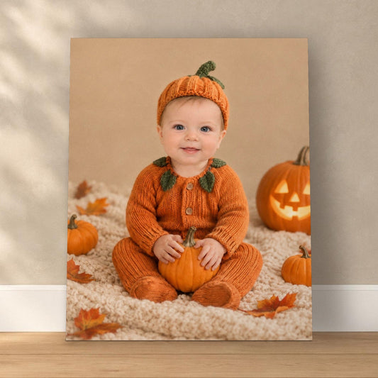 My First Halloween – Little Pumpkin Baby Portrait – custom canvas portrait, image 1