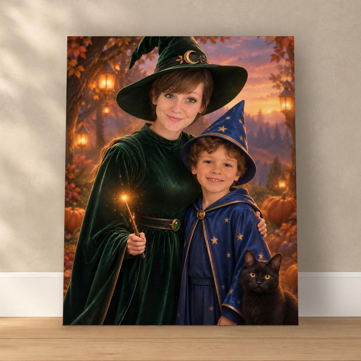 Witch Mom & Little Wizard – Mother & Son Halloween Portrait – custom canvas portrait, image 1