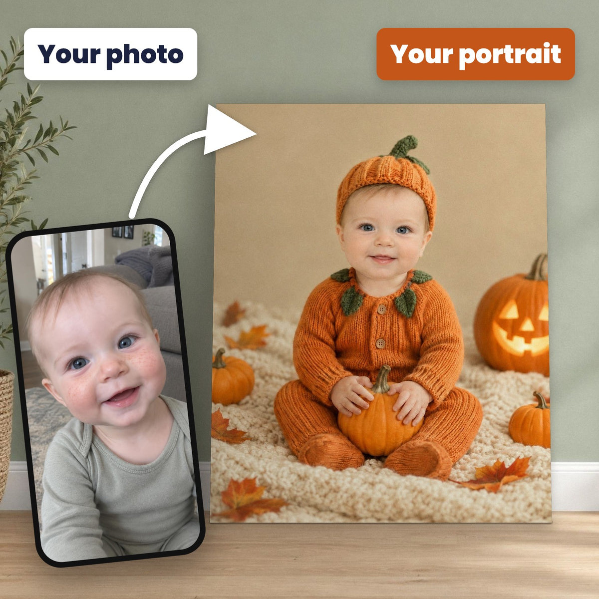 My First Halloween – Little Pumpkin Baby Portrait – custom canvas portrait, image 2