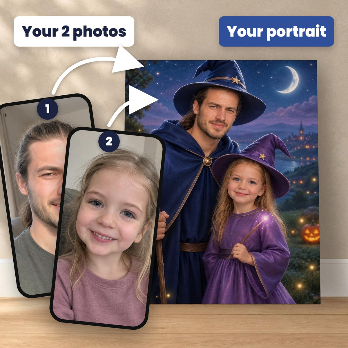 Wizard Dad & Little Witch – Father & Daughter Halloween Portrait – custom canvas portrait, image 2