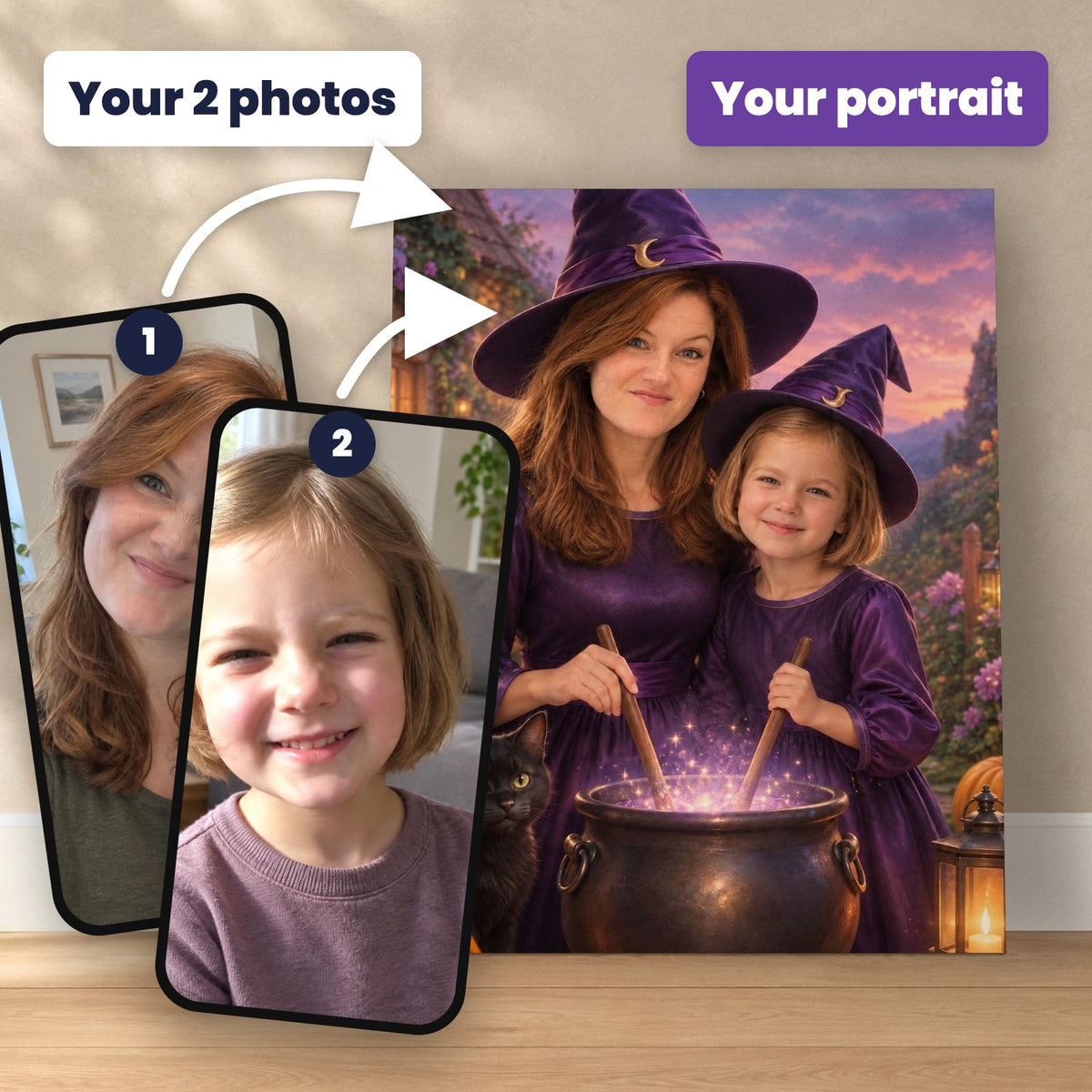 Witch & Little Witch – Mother & Daughter Halloween Portrait – custom canvas portrait, image 2