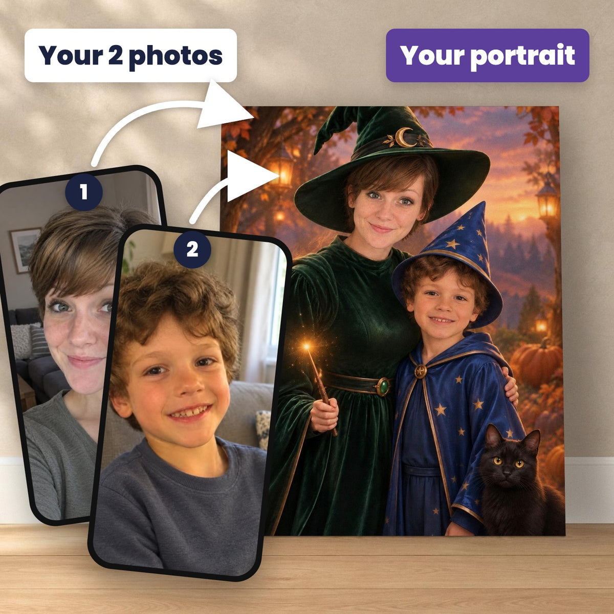 Witch Mom & Little Wizard – Mother & Son Halloween Portrait – custom canvas portrait, image 2