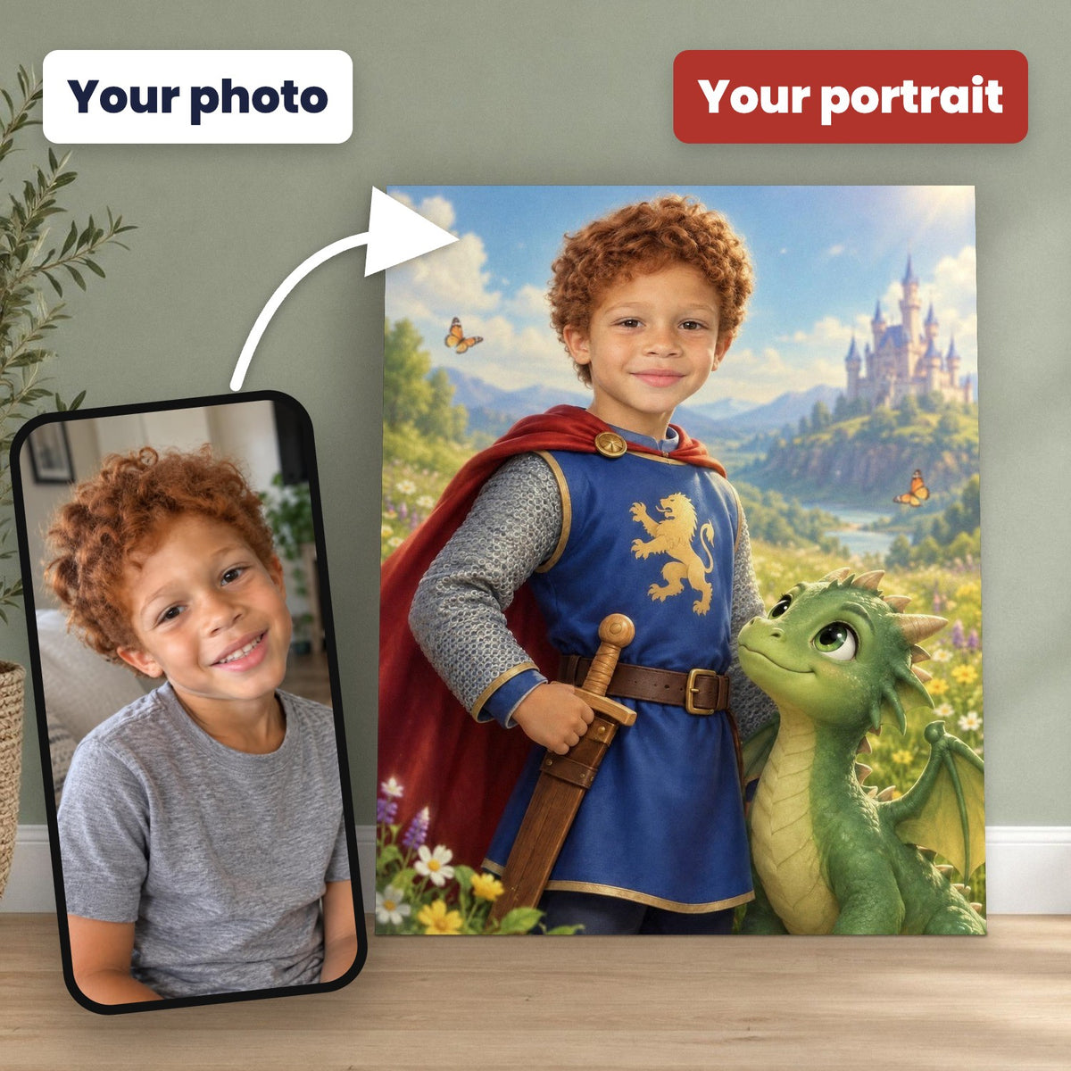 Little Knight & Friendly Dragon Custom Portrait – custom canvas portrait, image 2