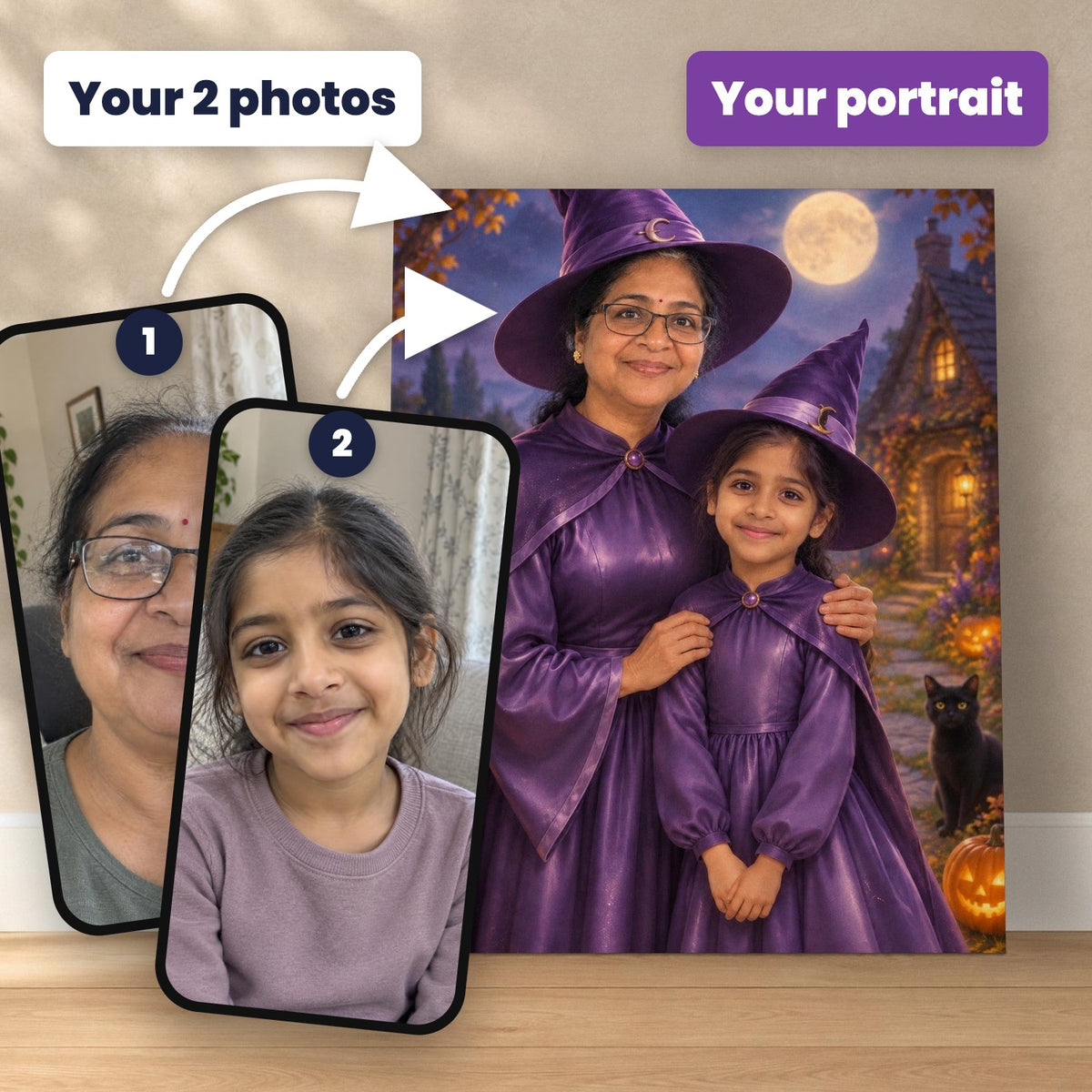 Grandma & Granddaughter Witches – Custom Halloween Portrait – custom canvas portrait, image 2