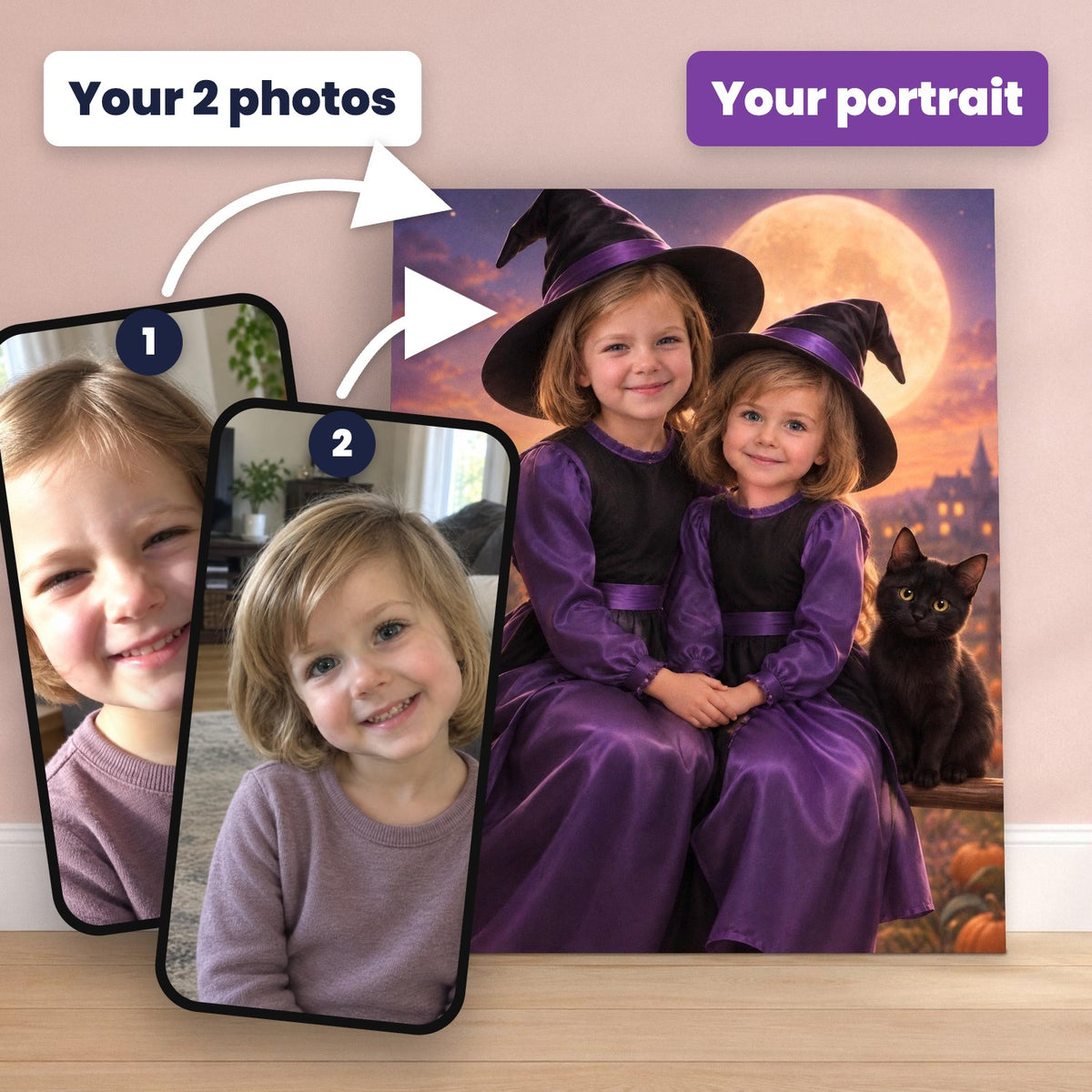 Witch Sisters – Custom Halloween Portrait for Two Girls – custom canvas portrait, image 2