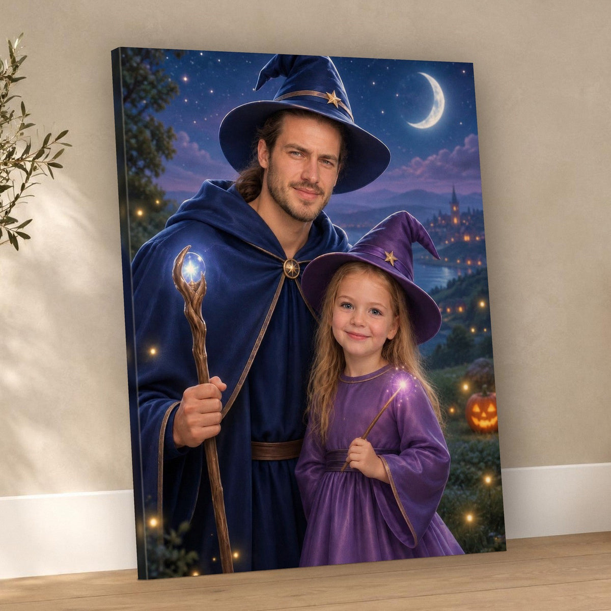 Wizard Dad & Little Witch – Father & Daughter Halloween Portrait – custom canvas portrait, image 3