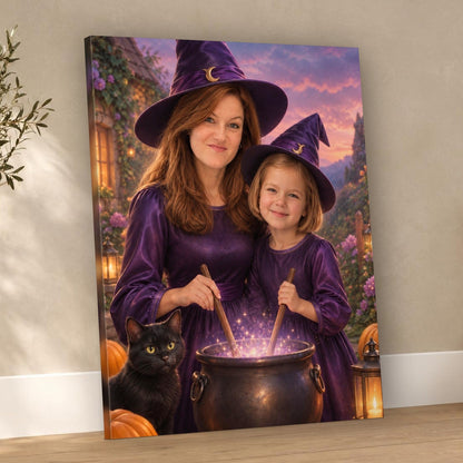 Witch & Little Witch – Mother & Daughter Halloween Portrait – custom canvas portrait, image 3