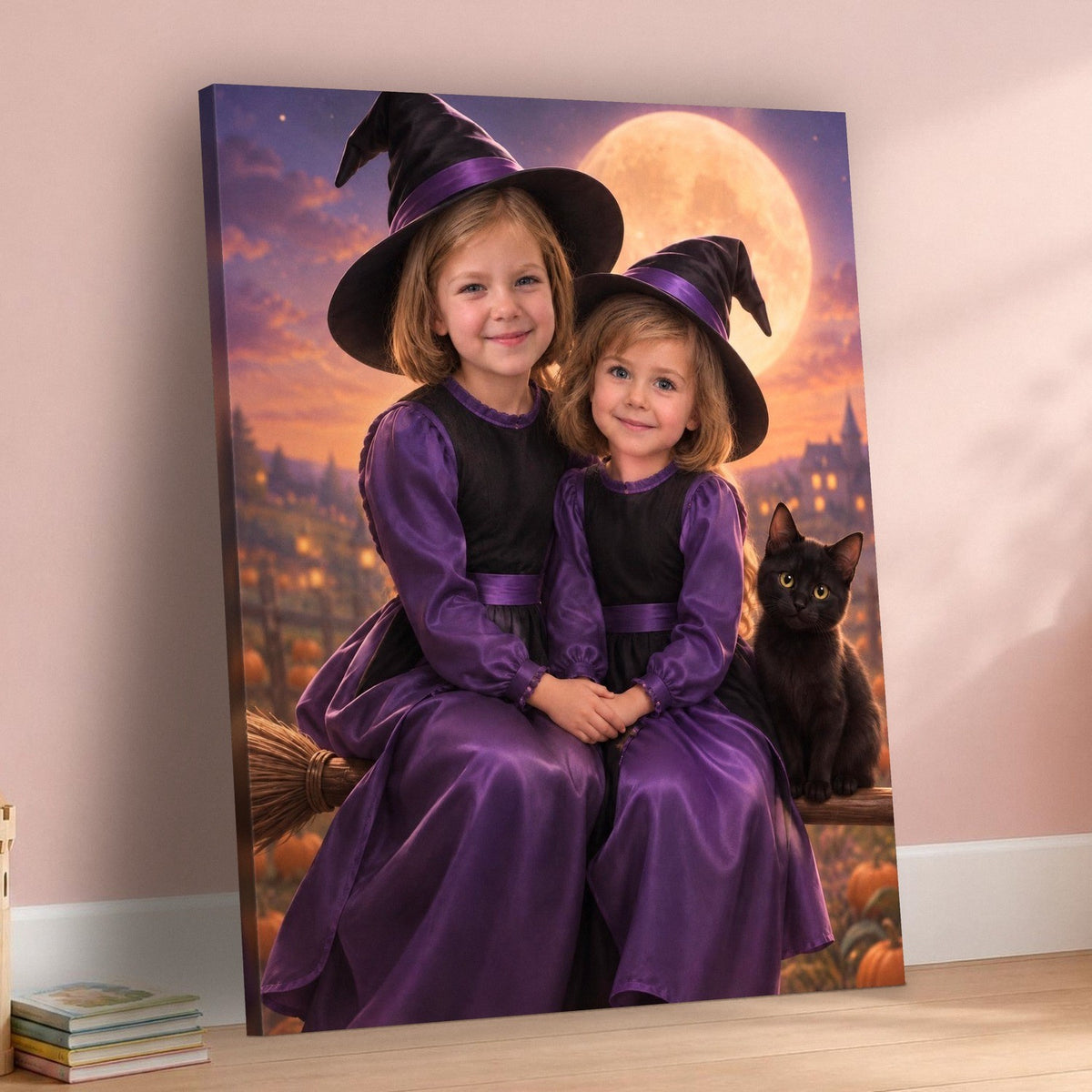Witch Sisters – Custom Halloween Portrait for Two Girls – custom canvas portrait, image 3