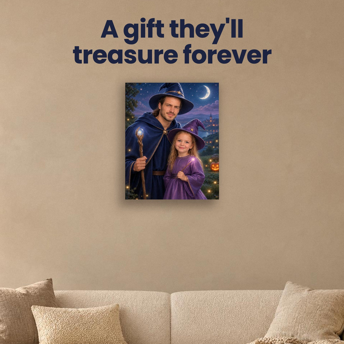 Wizard Dad & Little Witch – Father & Daughter Halloween Portrait – custom canvas portrait, image 4