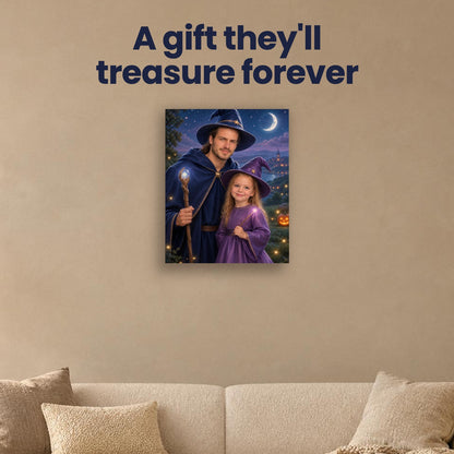 Wizard Dad & Little Witch – Father & Daughter Halloween Portrait – custom canvas portrait, image 4