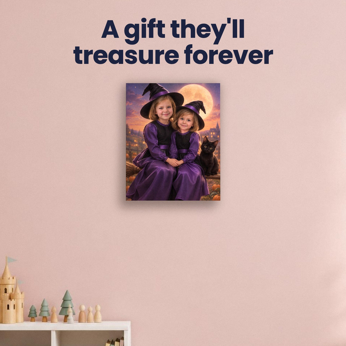 Witch Sisters – Custom Halloween Portrait for Two Girls – custom canvas portrait, image 4